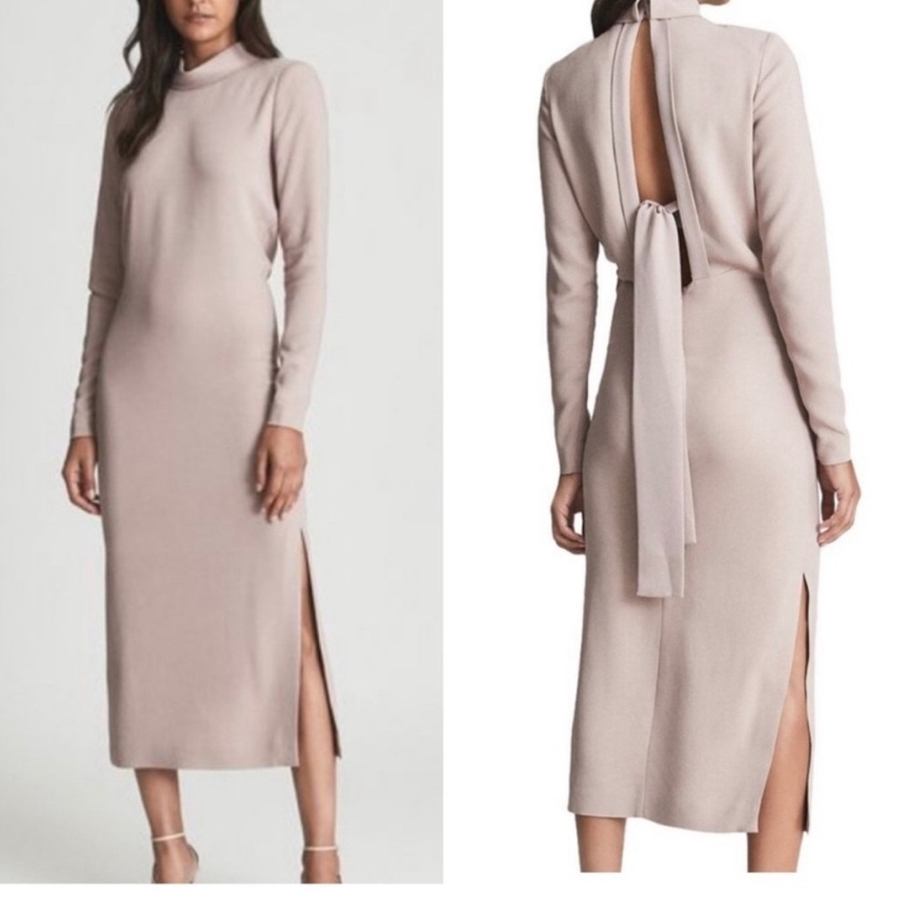 Reiss Martha Cutout Back Midi Long Sleeve Mauve Dress with Tie-Back. Size 2